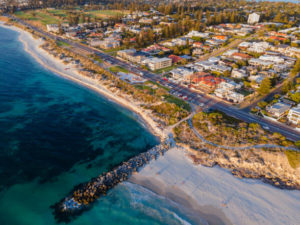An aerial view of a scenic cityscape of Cottesloe, Australia
